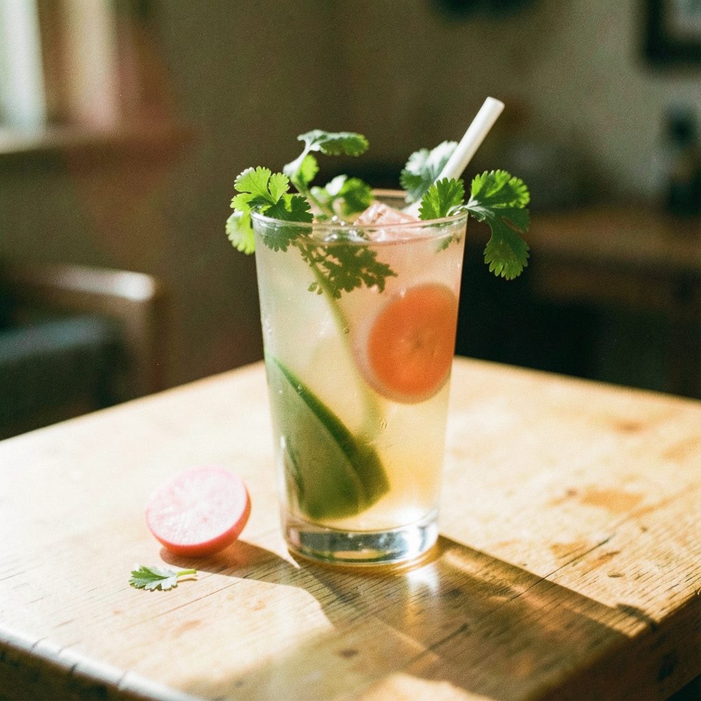 Koktail margarita dengan cilantro segar dan lobak semangka di meja yang disinari matahari
