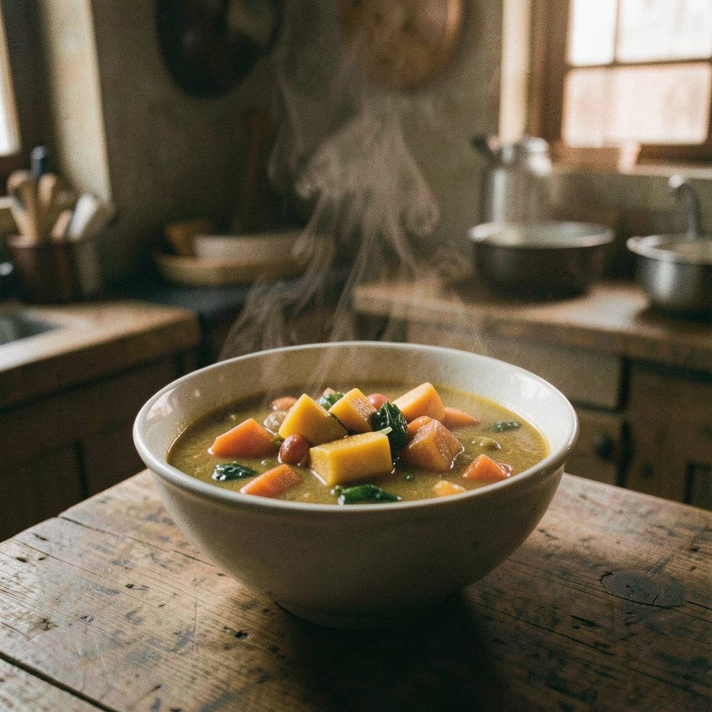 Semangkuk sup labu Haiti yang mengepul dengan sayuran, suasana dapur rustic dan warna bumi yang hangat
