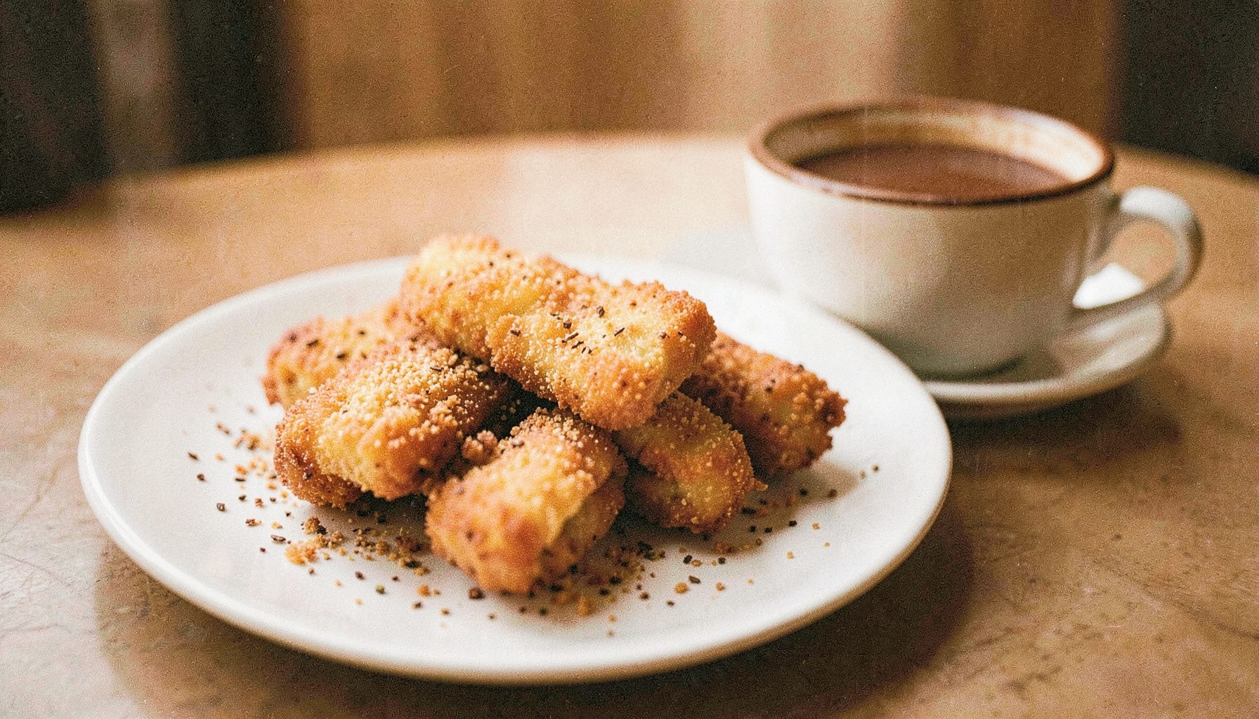 Foto film analog dengan grain terlihat: churros emas kecokelatan di atas piring keramik putih, ditaburi gula kayu manis, dengan secangkir cokelat panas di sampingnya, pencahayaan pagi yang lembut